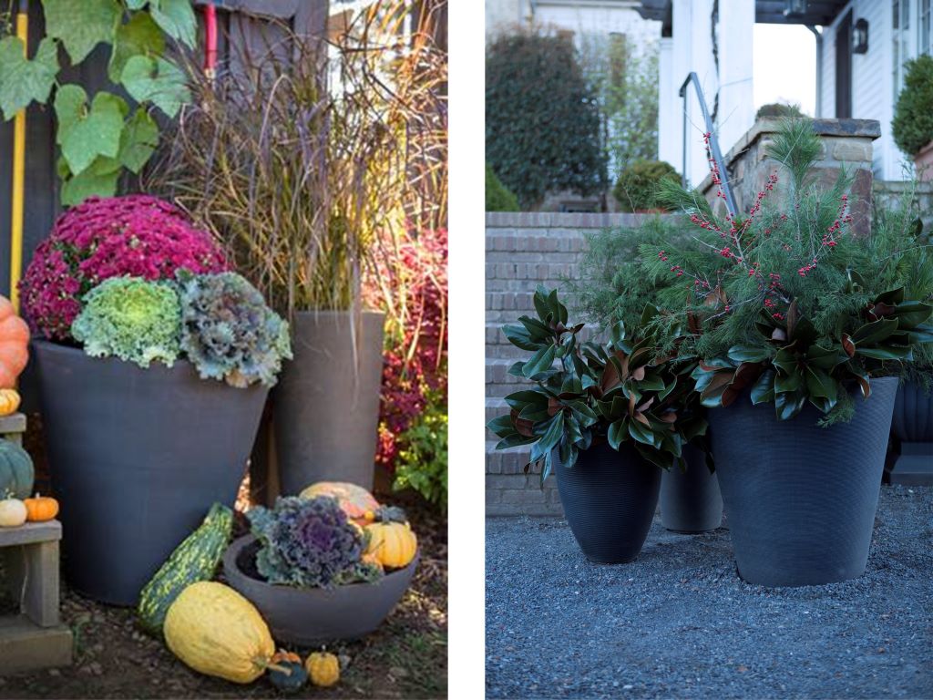 Two pictures, on the left-hand side MAdison and Bleeker planters with flowers inside and pumpkins around, on the right hand side picture of MAdison and Delano planters in winter.